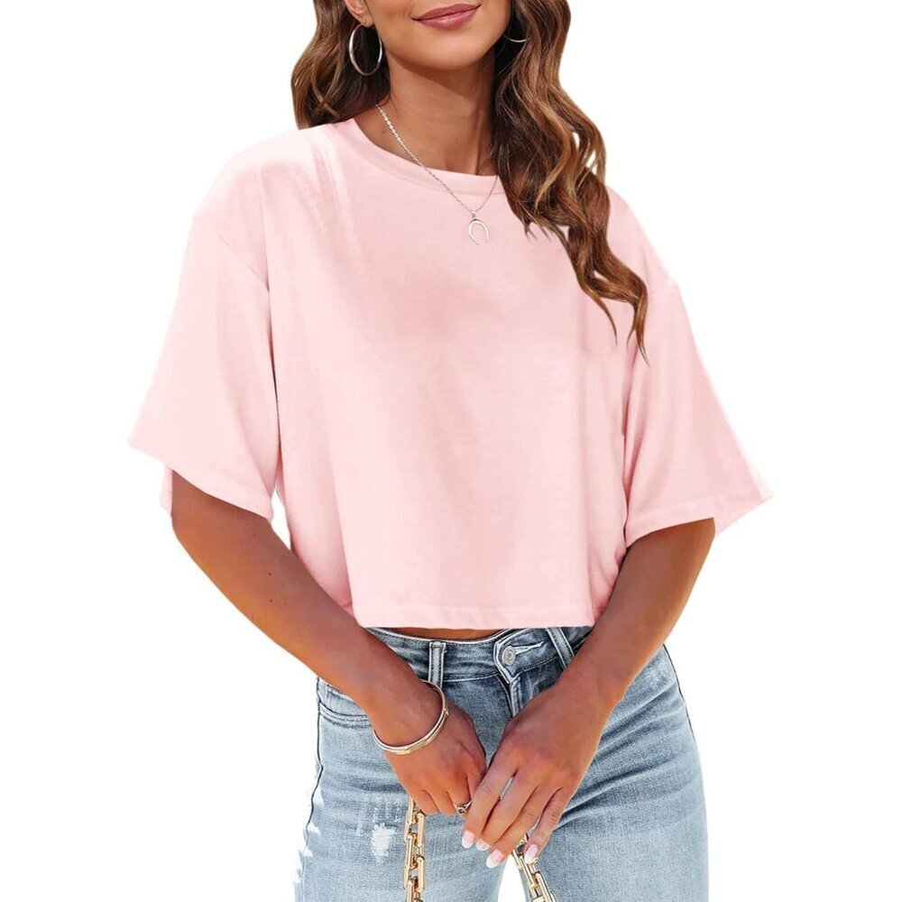 Women Cropped T-Shirt Polyester Cotton X-Large Casual Summer Basic Tee